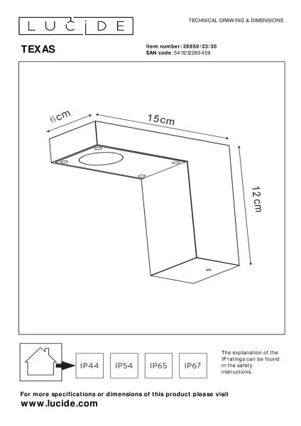 Lucide TEXAS - Wall spotlight / Wall light Indoor/Outdoor - LED - 1x7W 3000K - IP54 - Anthracite - technical